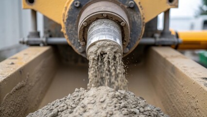 Close up of the nozzle end extruding shotcrete showcasing the mixtures consistency as it flows out steadily with bits of aggregate visibly suspended in the material demonstrating