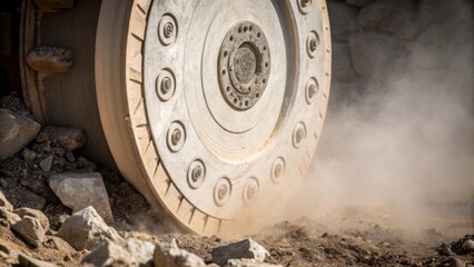 Closeup of the rotating disc of the tunnel boring machine its surface marked with scratch patterns from freshly rock surrounded by a cloud of fine dust and fragments resulting from