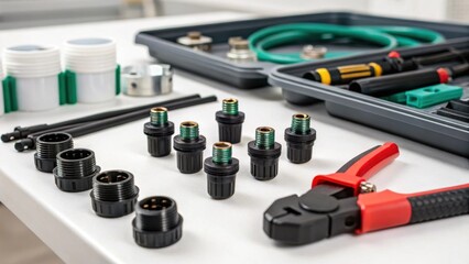 Closeup of various components laid out on a workbench including sprinkler heads connectors and installation tools reflecting the organization and preparation required for effective