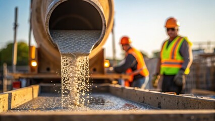 Closeup shot focuses on a cement mixer pouring fresh concrete into a mold droplets glistening in the sunlight as construction workers coordinate nearby gesturing and communicating.