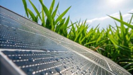 Closeup shot focusing on the textured surface of a solar panel with droplets of dew clinging to its edge emphasizing energy efficiency and sustainability in a lush green