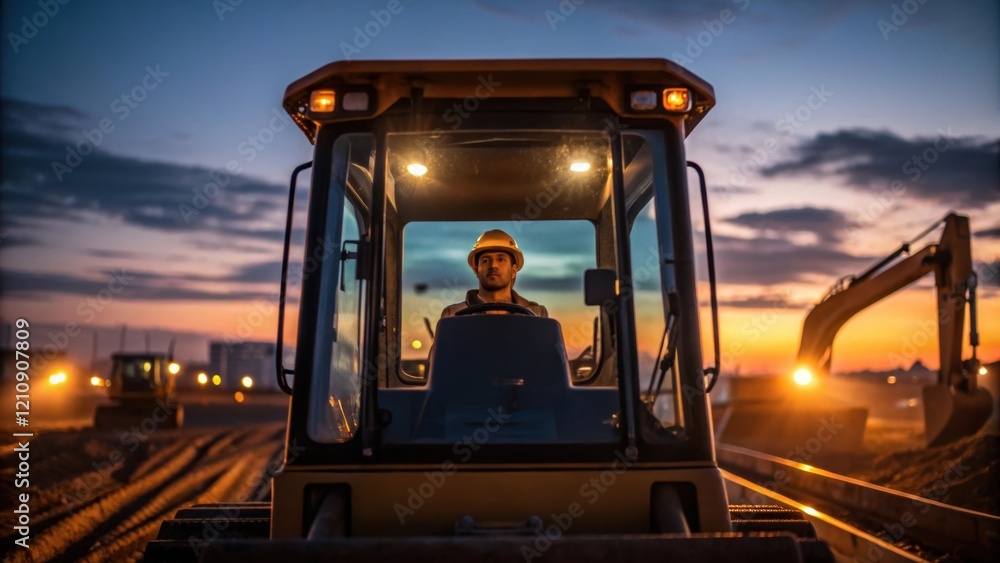 Poster in a medium closeup the excavators cab is framed against the backdrop of glowing twilight with work 