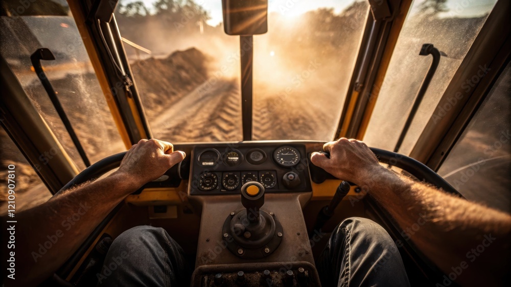 Poster in a medium closeup the operators hands are seen firmly gripping the controls inside the excavators 
