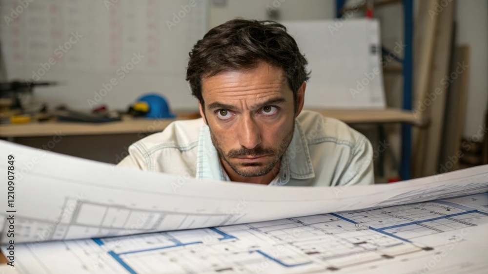 Poster his lips are pursed as he navigates complex construction plans embodying the stringent demands of hi