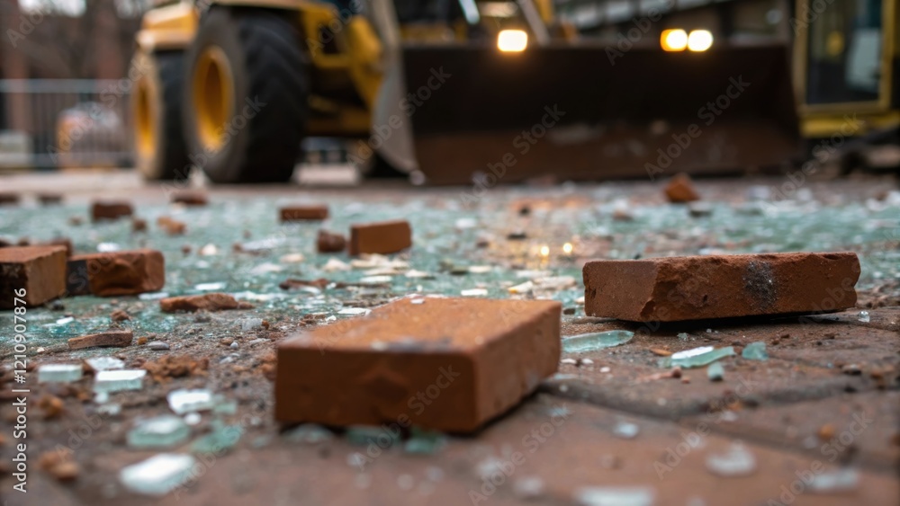 Poster Heavy machinery rumbles in the background while the foreground captures a closeup of the piling debris with bricks and shattered glass reflecting light in the chaos.