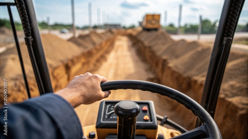 Poster In a medium closeup the operators hand is visible on the controls demonstrating the precision required in maneuvering the excavator. The backdrop shows an open trench with visible