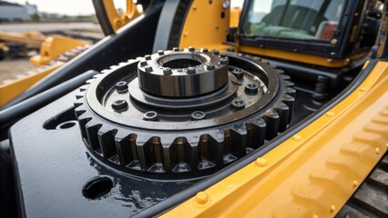 Fototapeta premium Detailoriented shot of an excavators rotating turret mechanism revealing the complex gear system beneath the sleek exterior with glimmers of oil reflecting light indicating ongoing