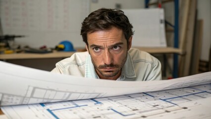  his lips are pursed as he navigates complex construction plans embodying the stringent demands of his role.