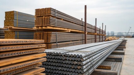 Focused shot of construction materials like rebar timber and metal panels stacked neatly onsite highlighting the raw elements that will come together to form a stateoftheart arena.