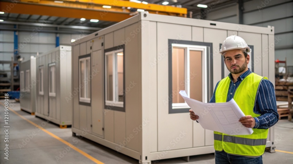 Aufkleber Medium closeup of a construction worker reviewing blueprints alongside a completed modular unit illustrating the collaboration between design and exeion in factorybuilt