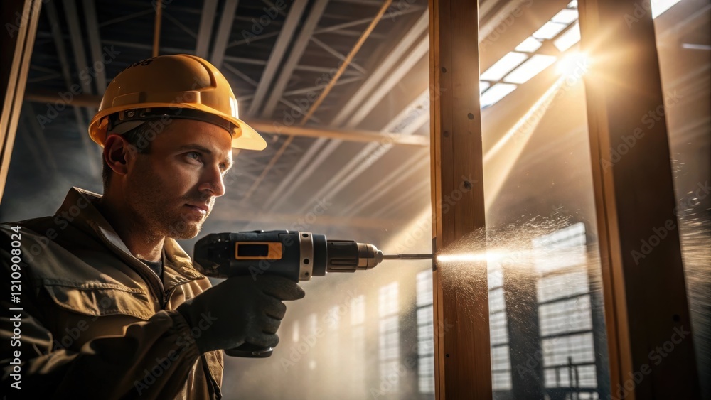 Poster Medium closeup of a construction worker using a power drill to secure framing in an exhibition hall with dust particles illuminated by sunlight streaming through an opening