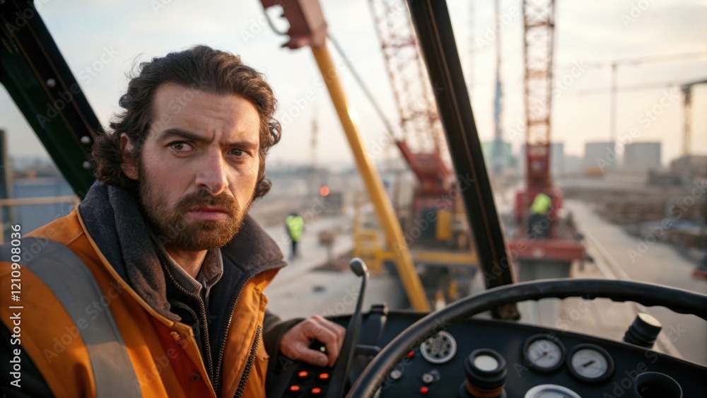 Poster Medium closeup of a crane operators intense expression as he maneuvers the steel beam into position. The intricate controls of the crane are visible along with the beam swinging