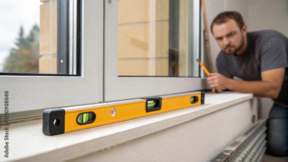 Poster Medium closeup of a digital level resting on the window sill with a worker adjusting the frame to ensure it is perfectly straight illustrating attention to detail.