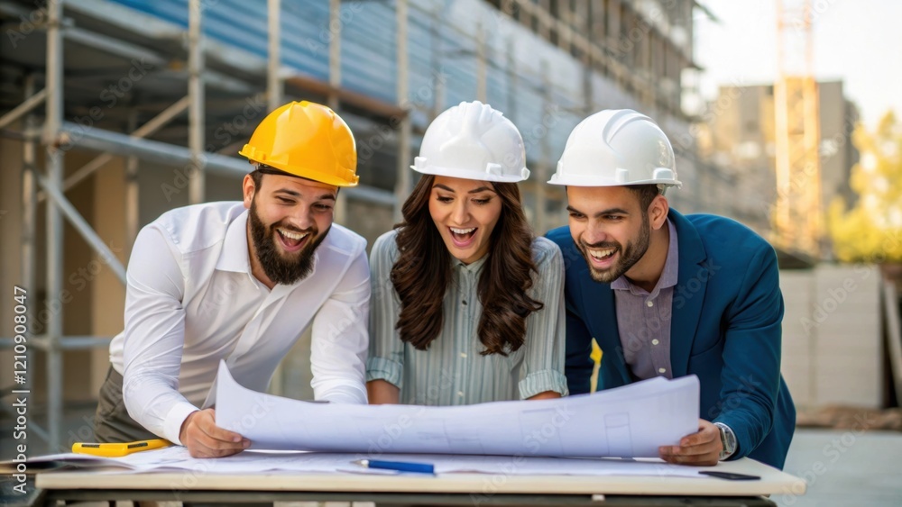 Aufkleber Medium closeup of a group of architects reviewing blueprints onsite with hard hats on and enthusiasm in their expressions emphasizing collaboration in planning educational spaces.