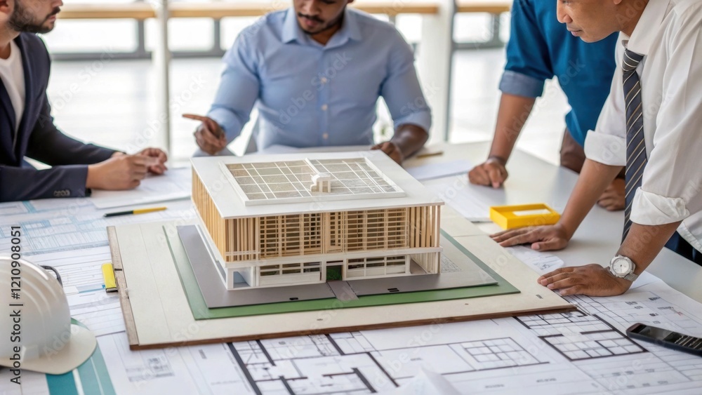 Poster Medium closeup of a group of engineers discussing a large architectural model on a table surrounded by technical drawings and material samples showcasing collaboration and design