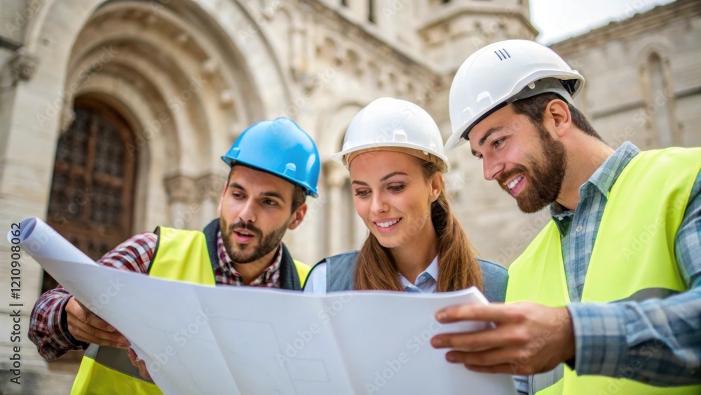 Aufkleber Medium closeup of a group of workers collaborating onsite discussing blueprints and pointing at structural elements with historic features visible in the background emphasizing