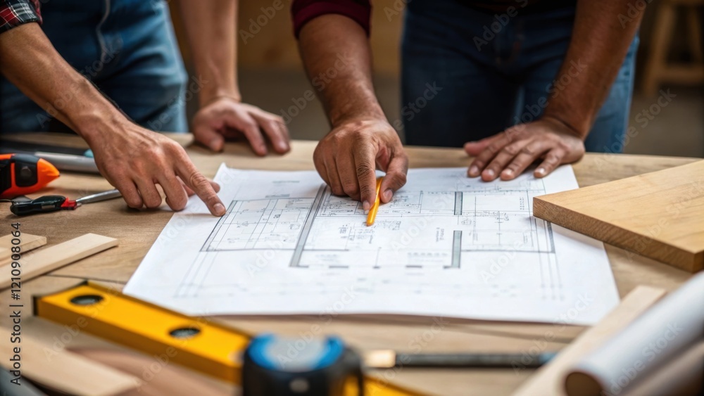 Aufkleber Medium closeup of a group of carpenters discussing plans over a set of blueprints laid on a workbench their hands pointing to specific measurements and details.