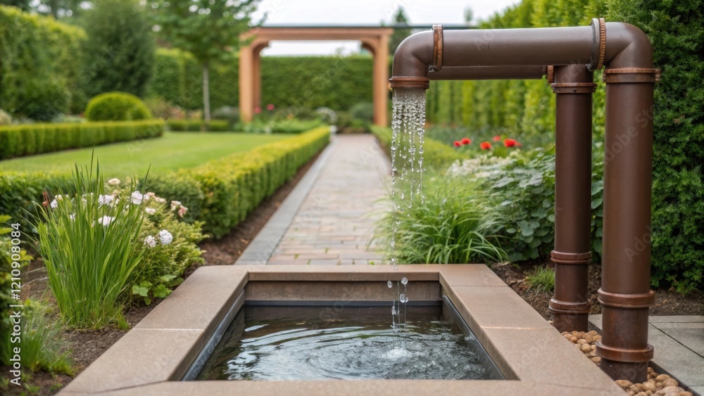 Poster medium closeup of a landscaped garden with a rainwater system integrated into the environment featur