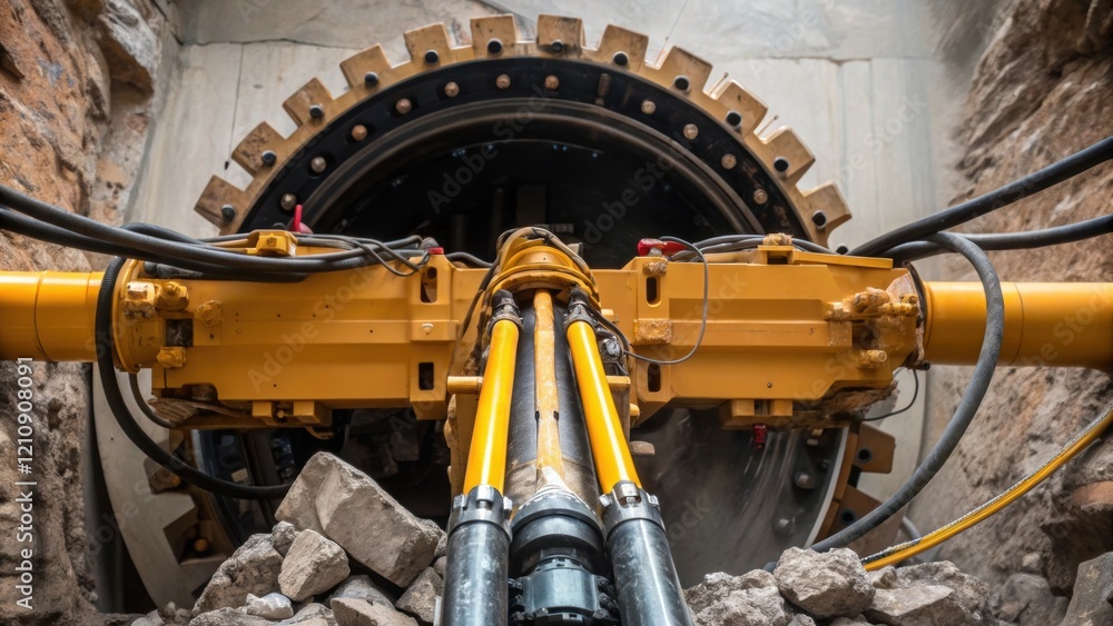 Poster Medium closeup of a massive hydraulic arm extending from the tunnel boring machine showcasing powerful hydraulic lines and connectors while fragments of rock are expelled from the