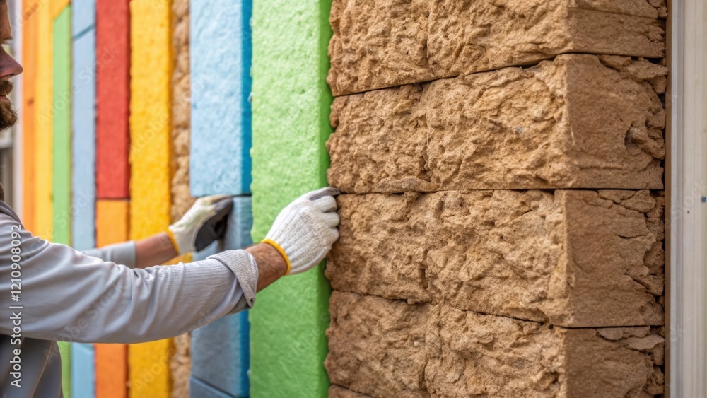 Poster medium closeup of a mason applying ecofriendly insulation made from recycled materials with a focus 