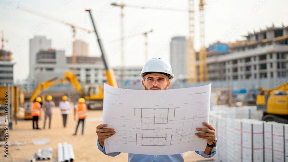 Poster medium closeup of an architect reviewing blueprints the detailed plans contrasting against the backd