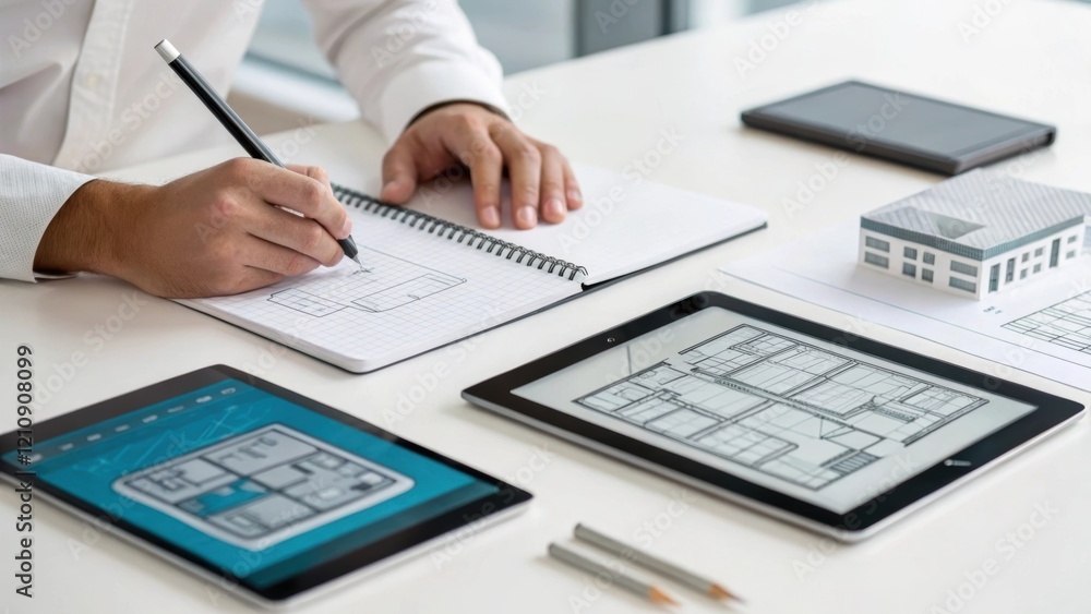 Aufkleber Medium closeup of an architects hands sketching modern hospital designs on a notepad with digital tablets and 3D models displayed on the desk illustrating the blend of technology