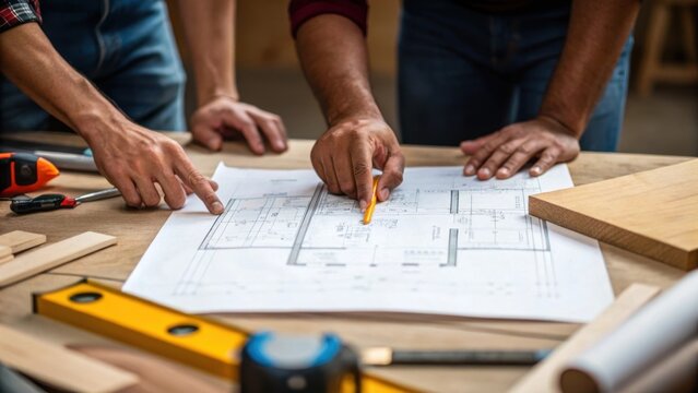 Medium closeup of a group of carpenters discussing plans over a set of blueprints laid on a workbench their hands pointing to specific measurements and details.
