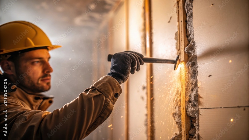 Poster Medium closeup of a safety helmetclad worker using a pry bar to remove drywall with tered insulation and dust particles illuminated in the light.