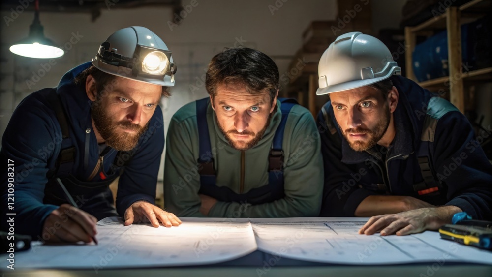 Aufkleber Medium closeup of a team of engineers huddled over blueprints on a makeshift table illuminated by a portable work light their intense expressions reflecting the pressure of rapid