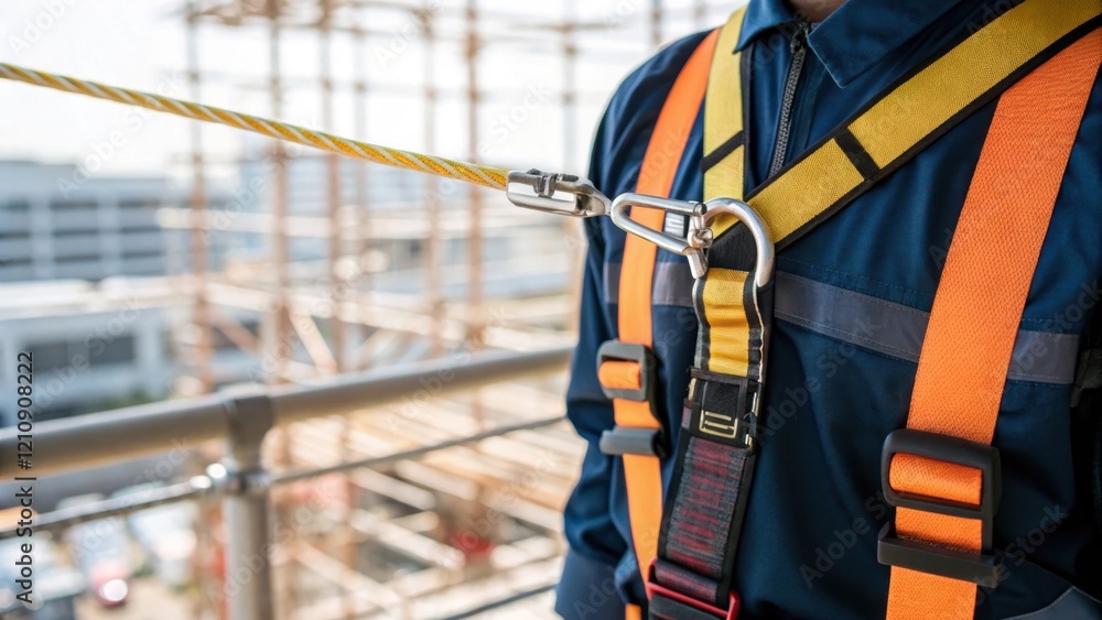 Poster medium closeup of a safety harness secured around a workers torso with a clip attached to a safety l
