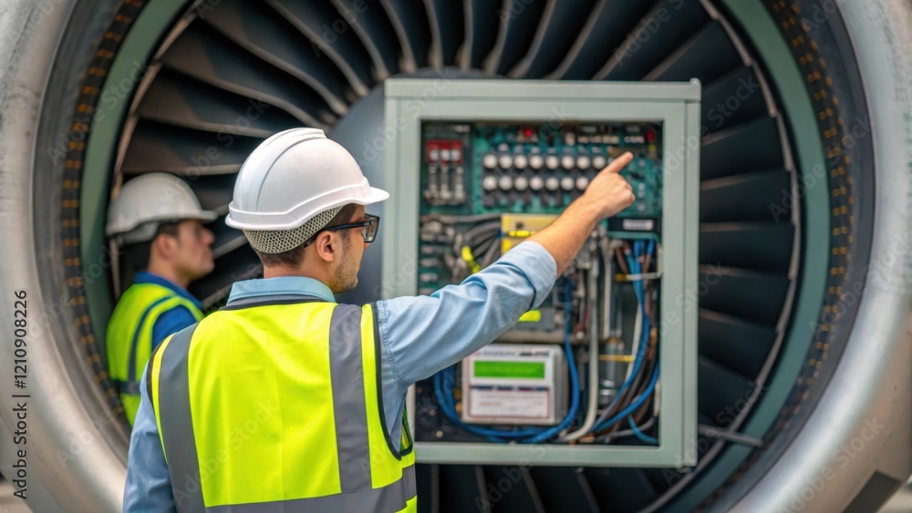 Poster medium closeup of a technician pointing toward an electrical control panel integrated into the turbi