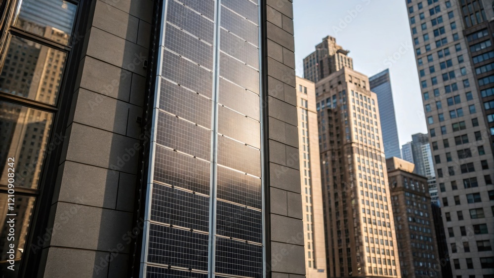Aufkleber Medium closeup of a vertical array of solar panels attached to the facade of an urban structure showcasing the interplay of reflective surfaces and the surrounding cityscape