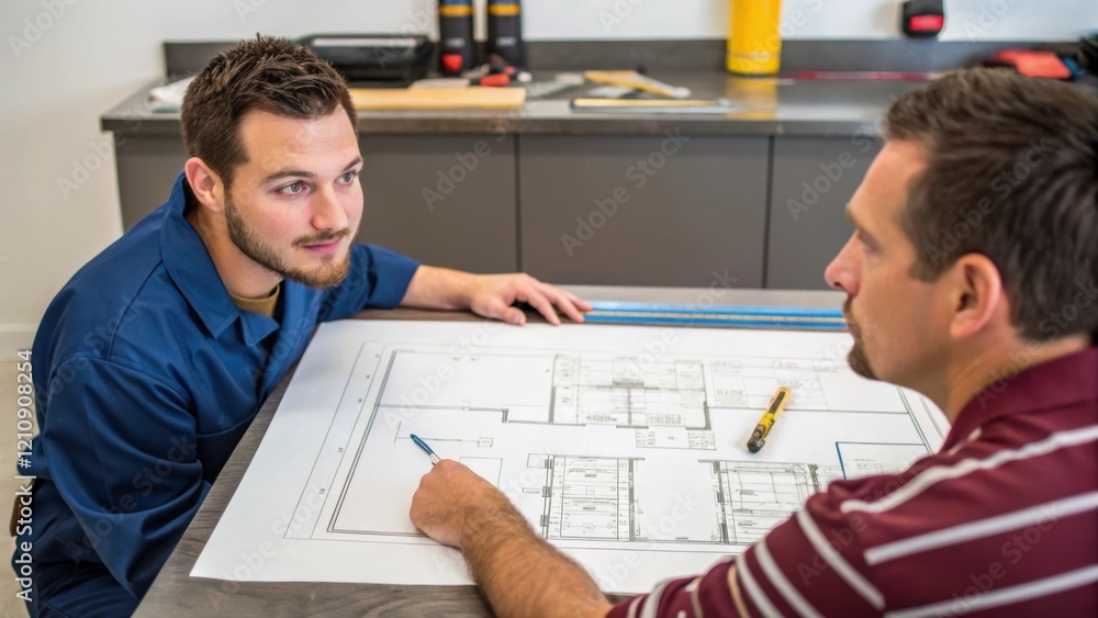 Aufkleber Medium closeup of a technician discussing the geothermal system layout with a homeowner pointing at a blueprint spread across the counter illustrating the design considerations