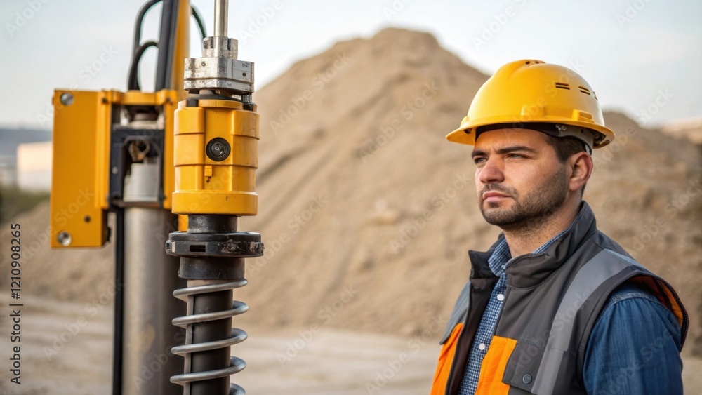 Poster Medium closeup of a worker in a hard hat standing next to the piling rig inspecting safety equipment while the machine vibrates slightly with the textured surface of the ground and