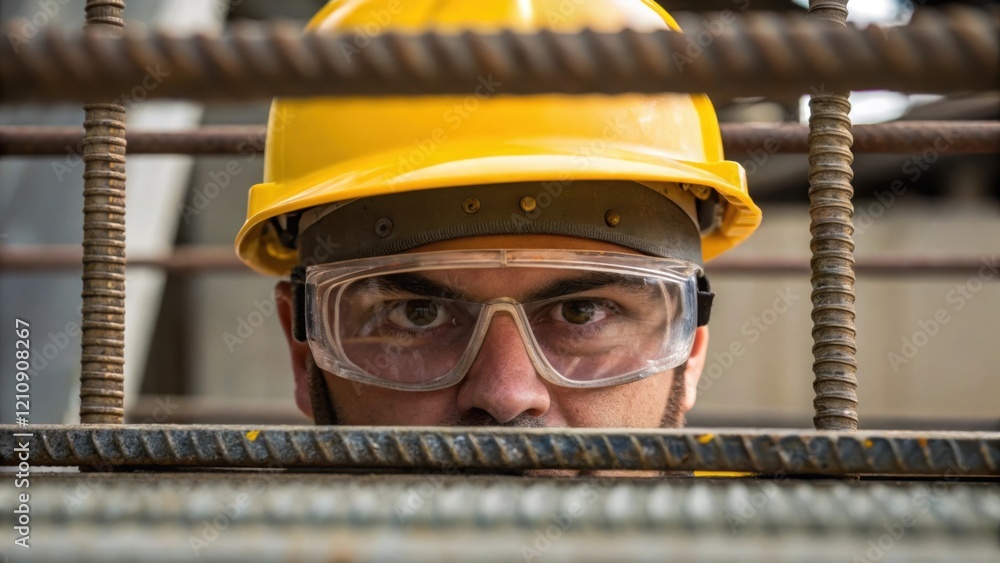 Poster Medium closeup of a workers face partially obscured by a hard hat and safety goggles intensely observing the positioning of the rebar as they prepare to fasten it into the concrete
