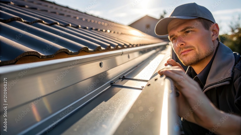 Fototapete medium closeup of a worker examining the angle of the installed gutter with visible determination an