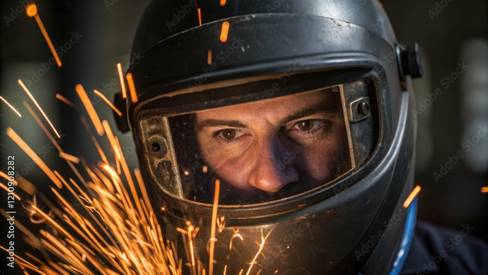 Poster medium closeup of a welders face partially obscured by a protective helmet reflecting the bright spa