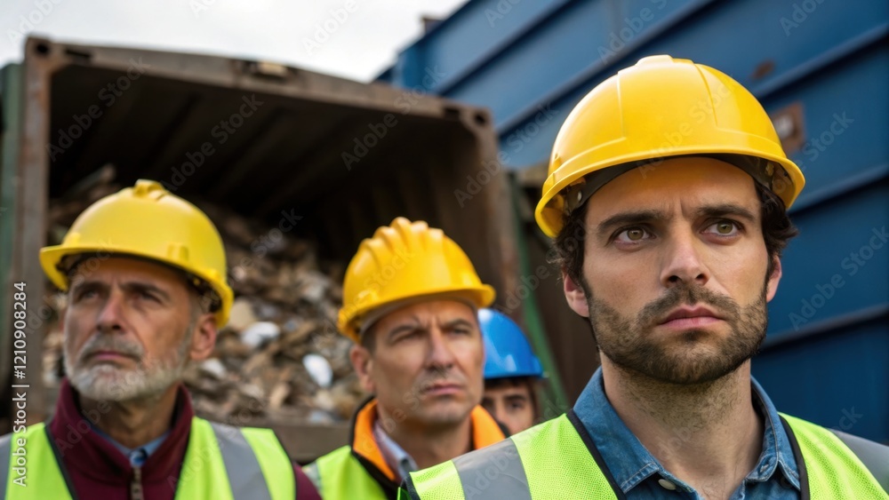 Poster Medium closeup of construction workers in hard hats observing the unloading process their expressions focused on ensuring safety during debris disposal.