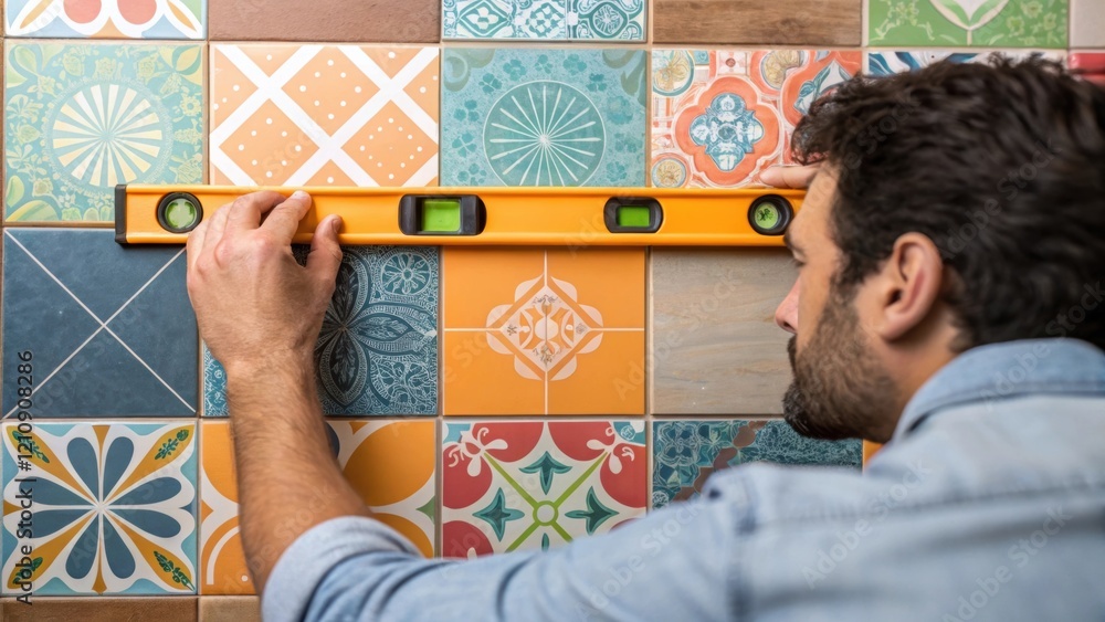 Aufkleber Medium closeup of a tile installer checking the level of a tile using a laser level with the vibrant patterns of the tiles creating a striking background.