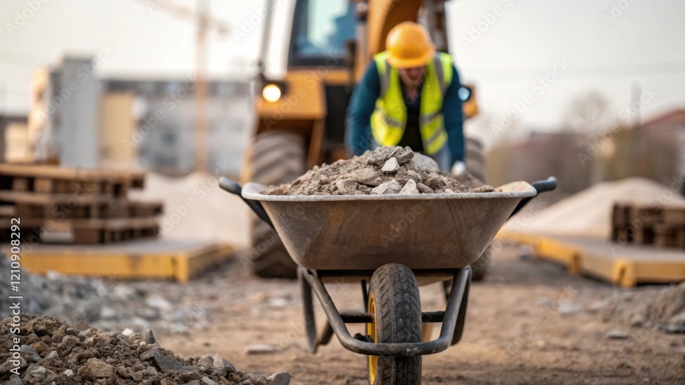 Poster medium closeup of a worker loading debris into a wheelbarrow with construction machinery in the back