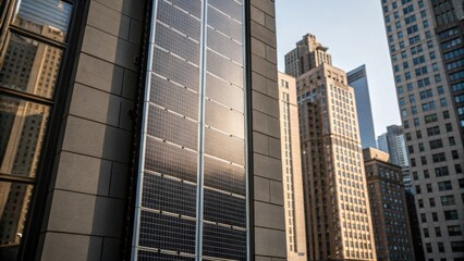 Fototapeta premium Medium closeup of a vertical array of solar panels attached to the facade of an urban structure showcasing the interplay of reflective surfaces and the surrounding cityscape