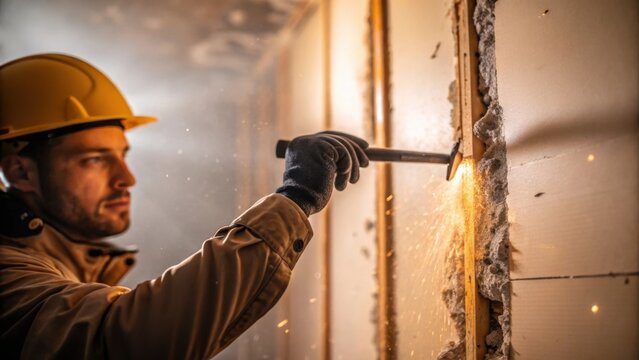 Medium closeup of a safety helmetclad worker using a pry bar to remove drywall with tered insulation and dust particles illuminated in the light.