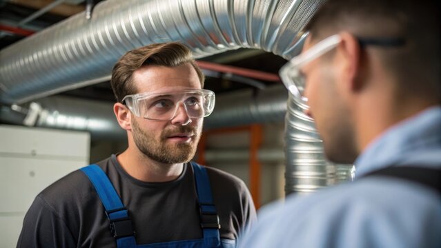 Medium closeup of a technician wearing safety goggles inspecting ductwork as he communicates with a colleague highlighting collaboration and attention to detail in ensuring proper