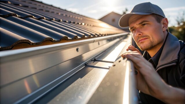 Medium closeup of a worker examining the angle of the installed gutter with visible determination and focus as sunlight glints off the metallic surface of the gutter.