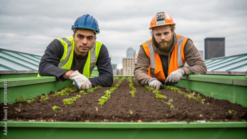 Aufkleber medium closeup of two workers collaborating as they spread a layer of lightweight soil across the gr