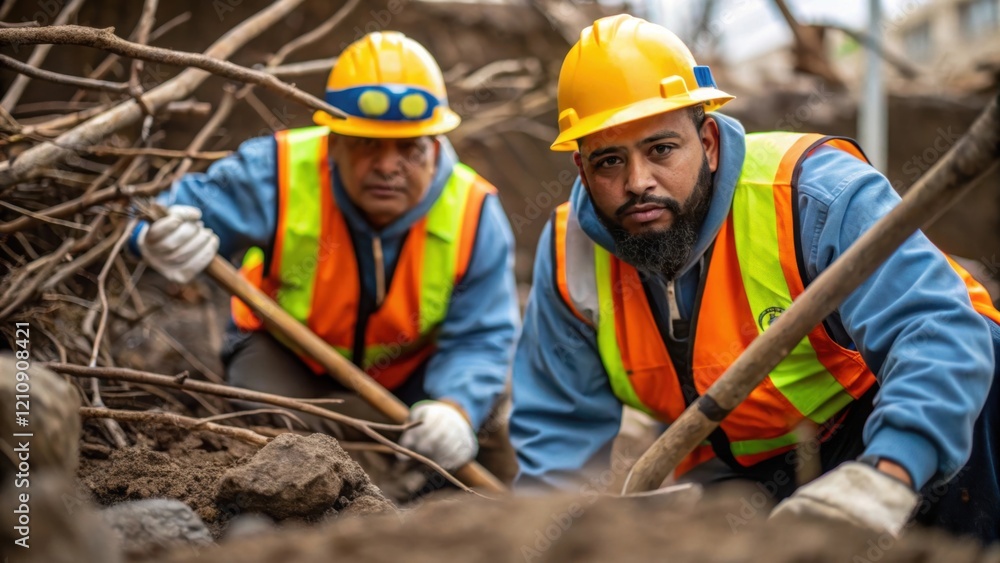 Poster medium closeup of workers in safety gear using hand tools to remove debris and rocks from the site t