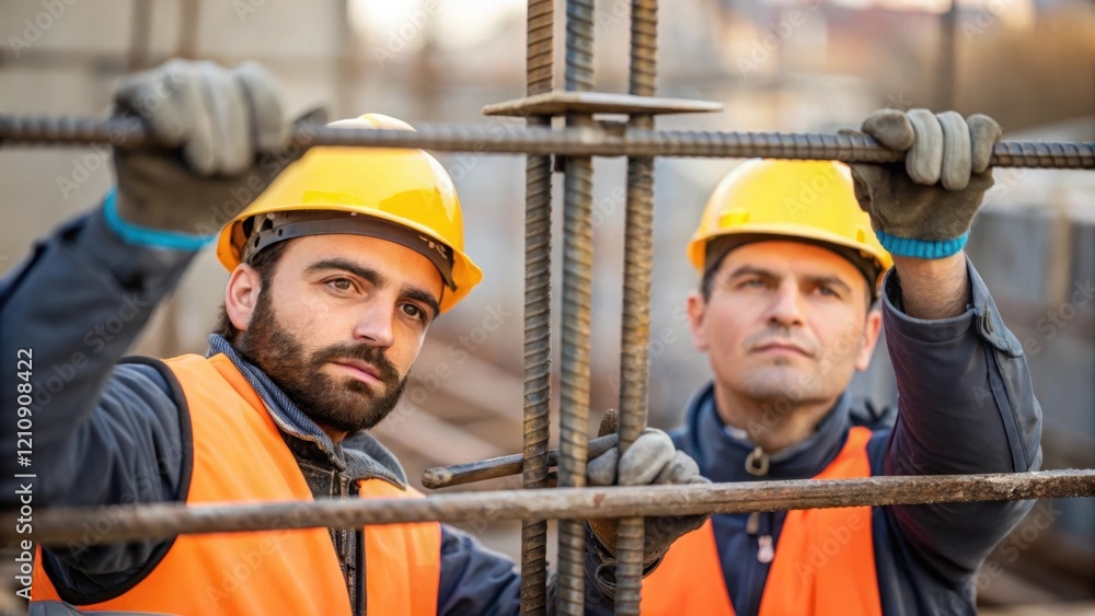 Poster Medium closeup of two workers collaborating around a concrete form one holding up a section of rebar while the other secures it in place with a pair of pliers clearly communicating