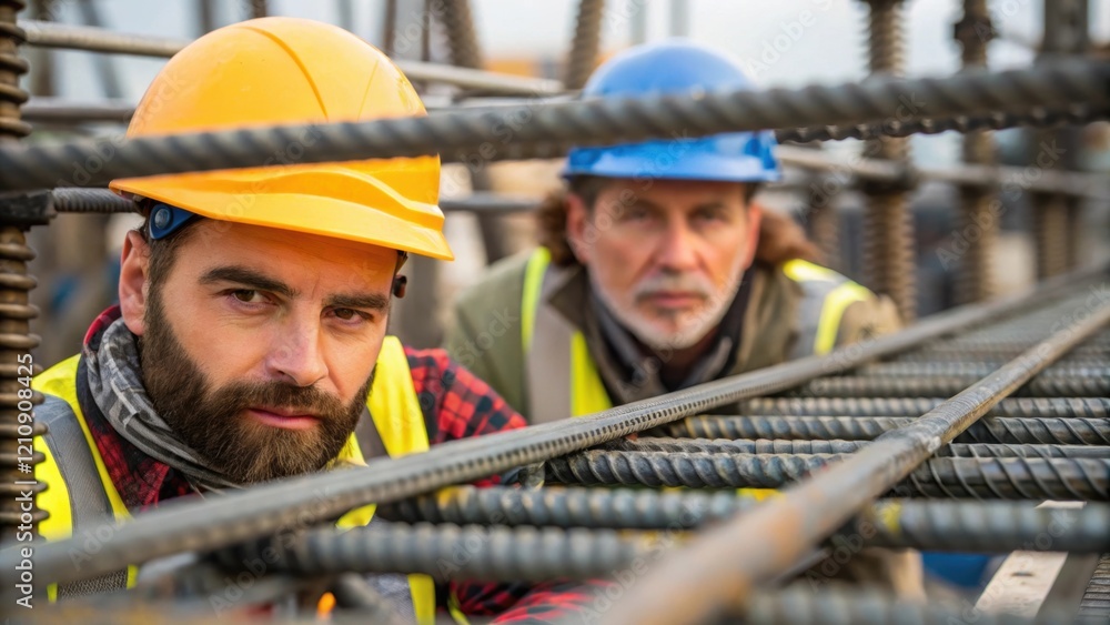 Poster medium closeup of workers tightening bolts and connecting parts of a steel framework their focused e