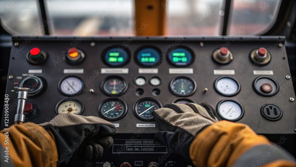 Aufkleber Medium closeup of the rigs control panel adorned with various gauges and switches capturing the operators gloved hands as they skillfully maneuver the controls with focus on the