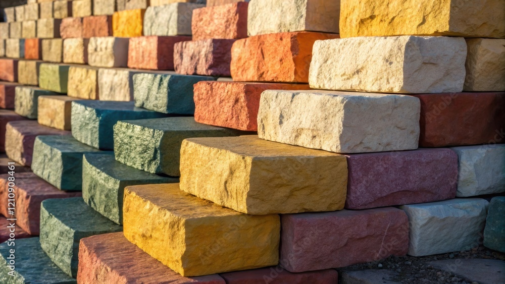 Poster Medium closeup showcasing an array of vibrant natural stone blocks stacked in a structured formation with the sunlight casting shadows that accentuate their unique colors and